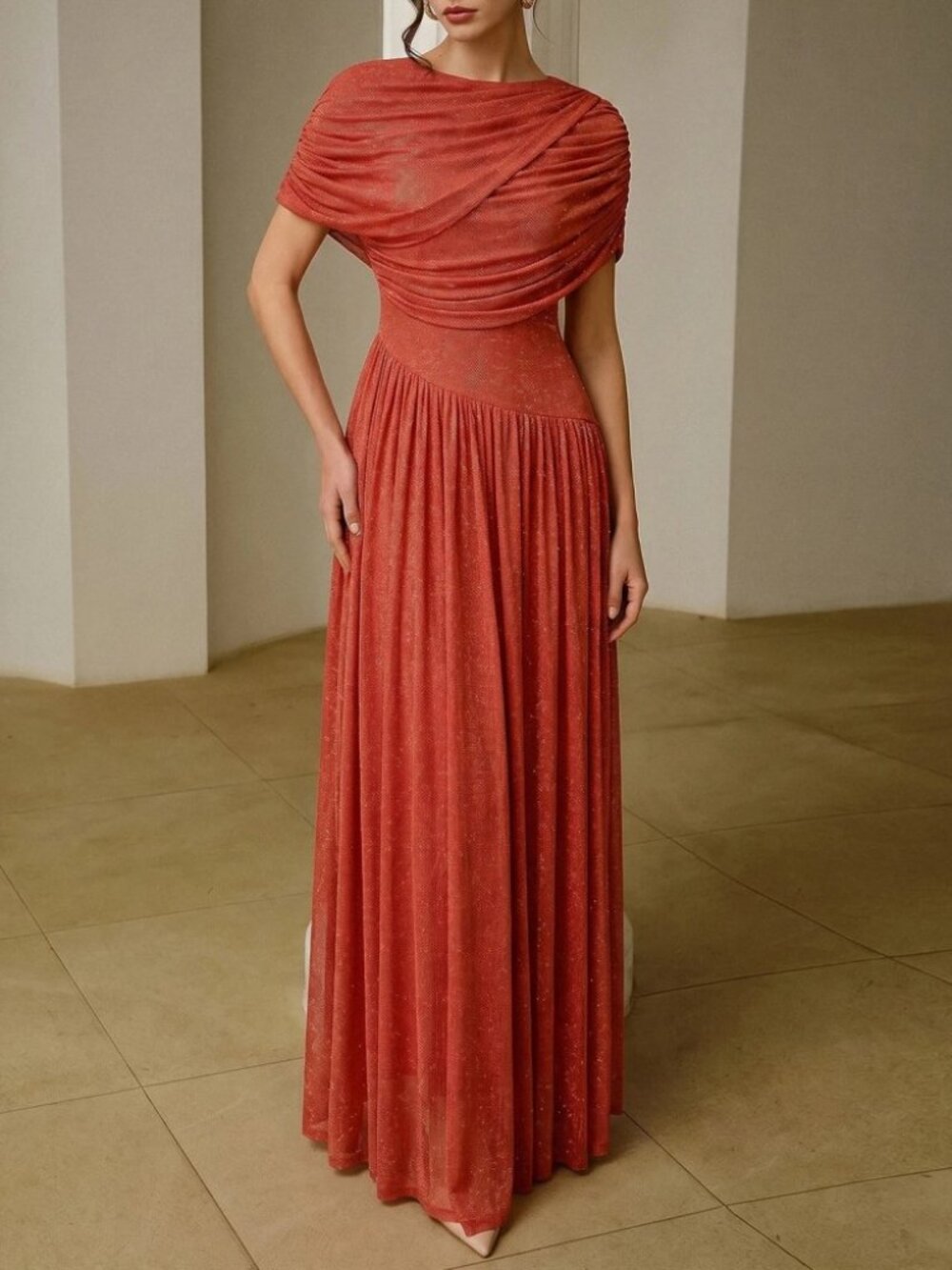 Rust Orange Draped Asymmetrical Neck Maxi Gown